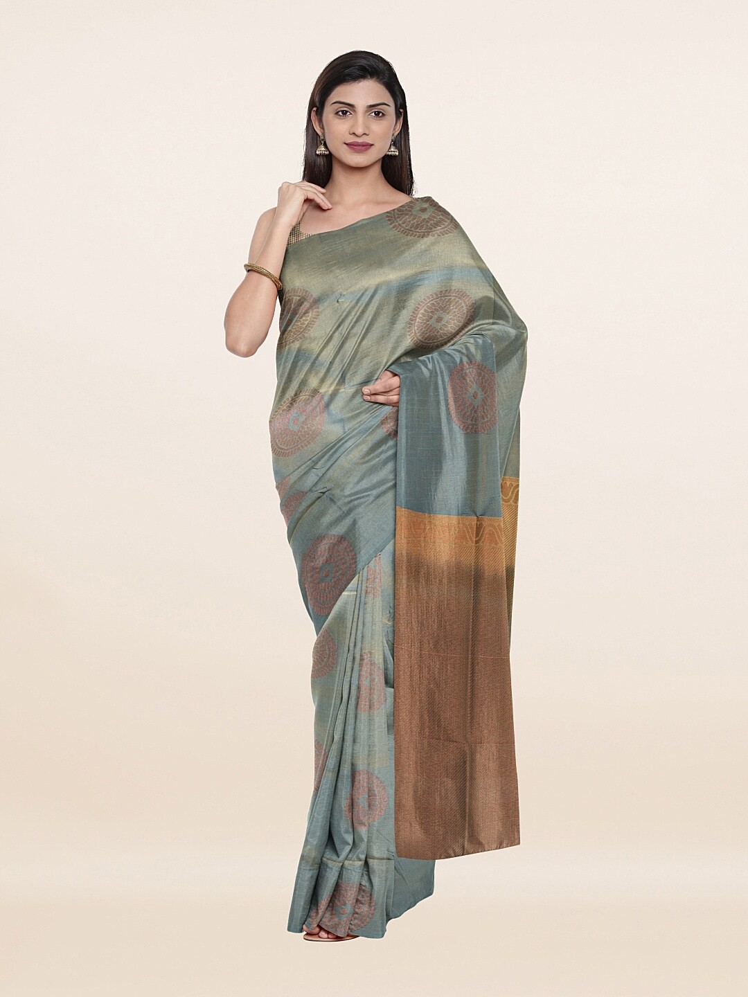 

Pothys Sea Green & Gold-Toned Ethnic Motifs Zari Art Silk Saree