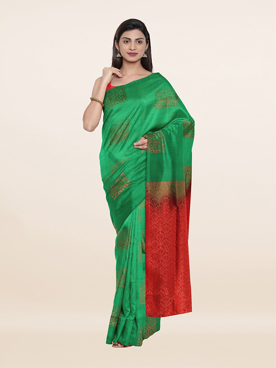 

Pothys Green & Red Ethnic Motifs Art Silk Saree