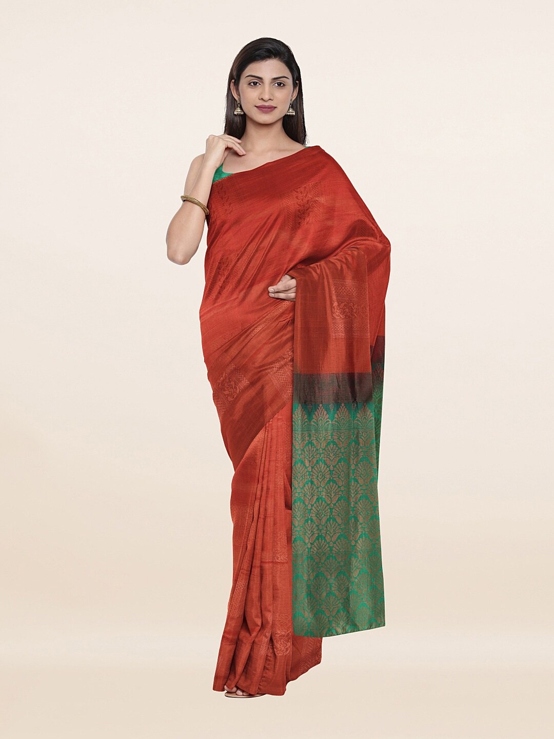 

Pothys Maroon & Gold-Toned Ethnic Motifs Zari Art Silk Saree