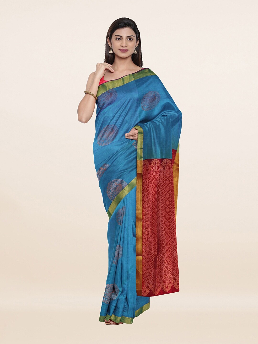 

Pothys Blue & Red Ethnic Motifs Zari Art Silk Saree