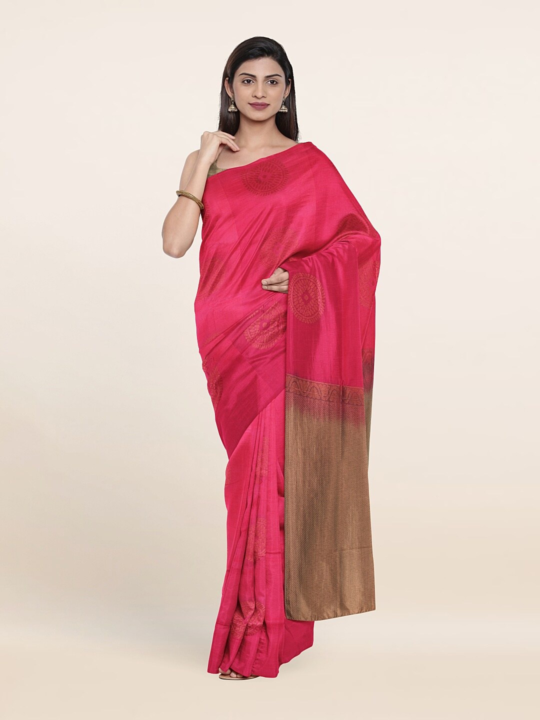 

Pothys Pink & Gold-Toned Ethnic Motifs Zari Art Silk Saree