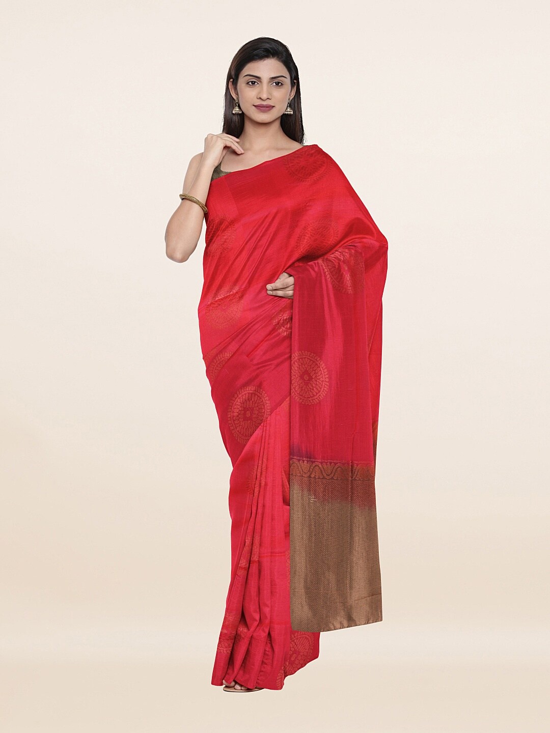 

Pothys Pink & Brown Ethnic Motifs Art Silk Saree