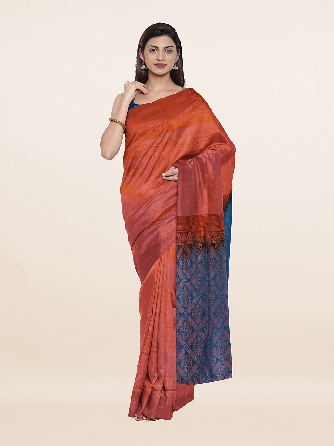 

Pothys Peach-Coloured & Blue Ethnic Motifs Zari Art Silk Saree