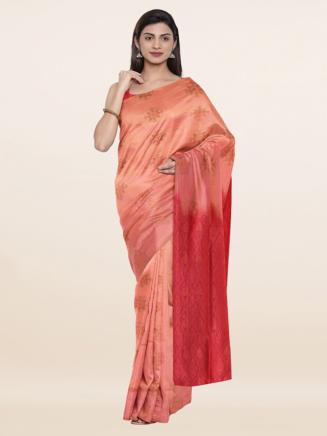 

Pothys Peach-Coloured & Magenta Ethnic Motifs Zari Art Silk Saree