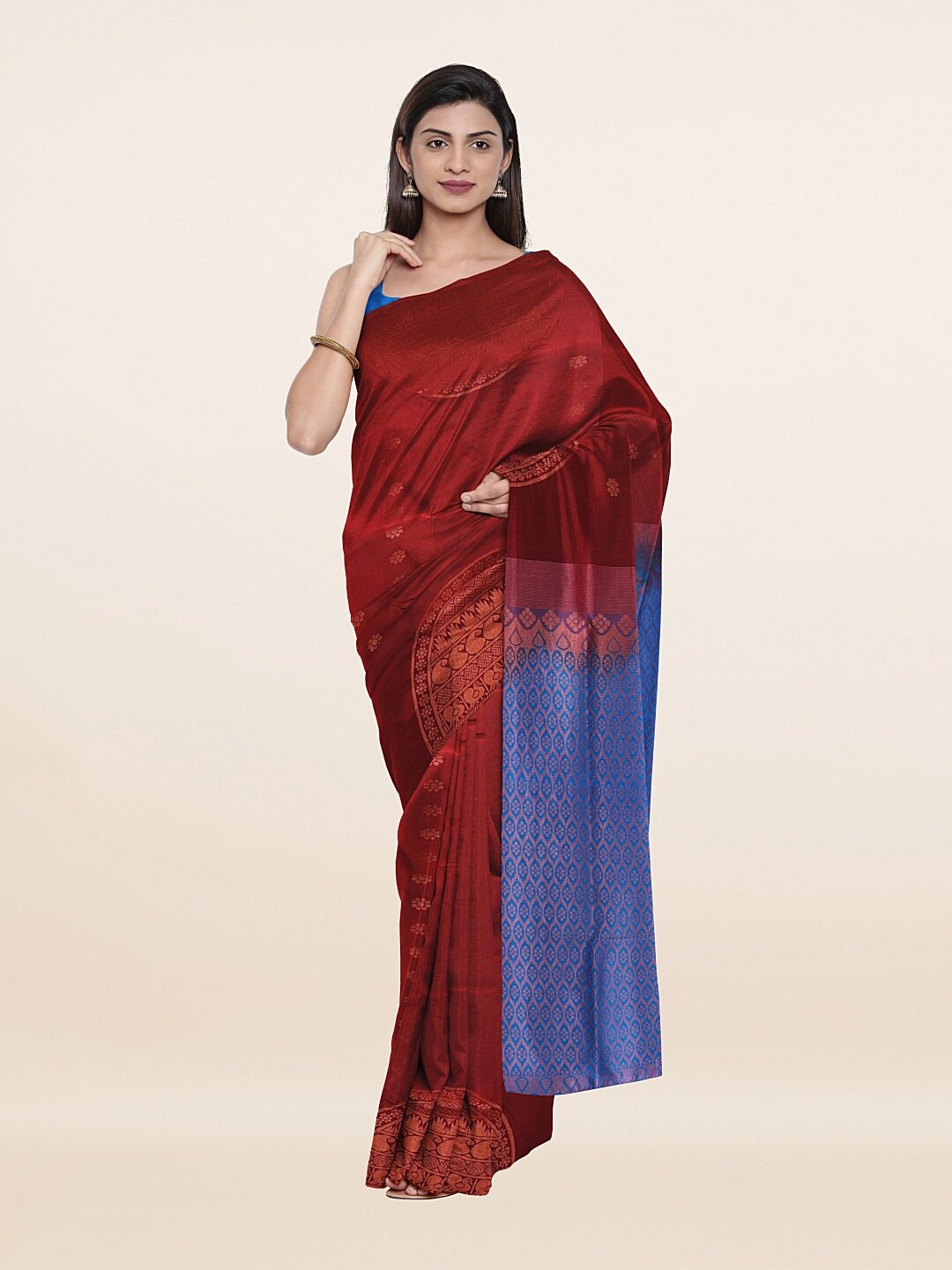 

Pothys Maroon & Blue Ethnic Motifs Zari Art Silk Saree