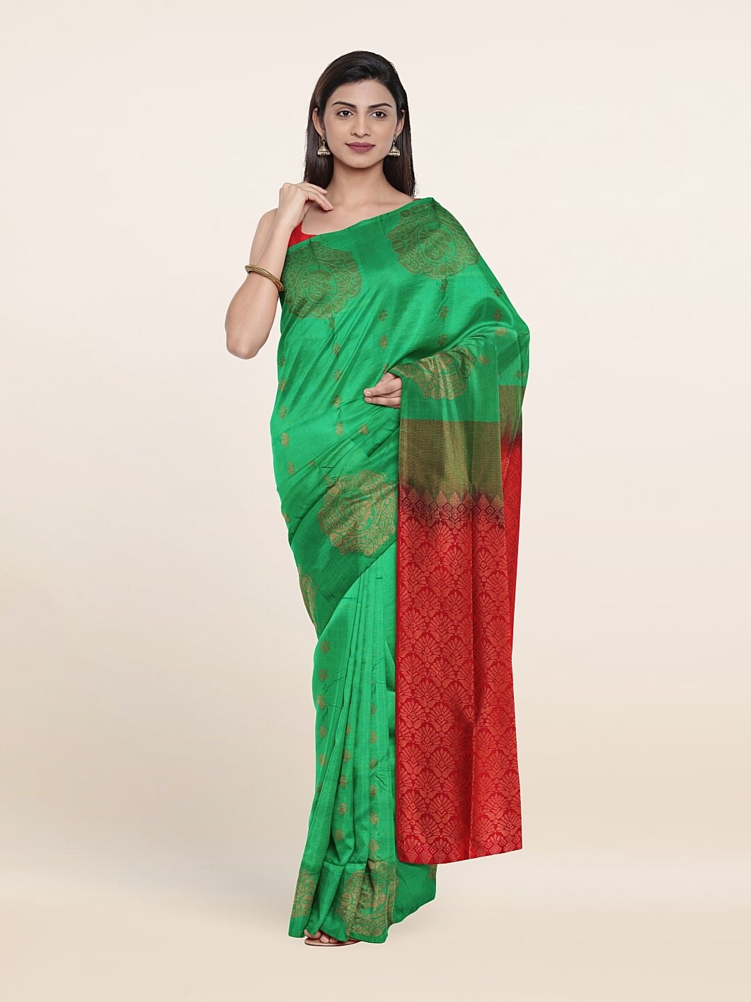 

Pothys Green & Red Ethnic Motifs Zari Art Silk Saree