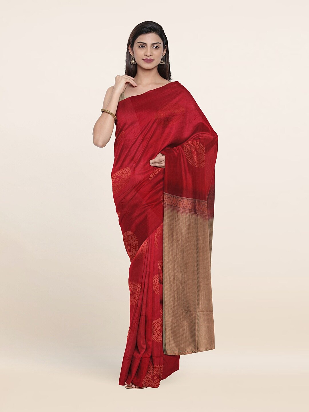 

Pothys Maroon & Gold-Toned Ethnic Motifs Zari Art Silk Saree