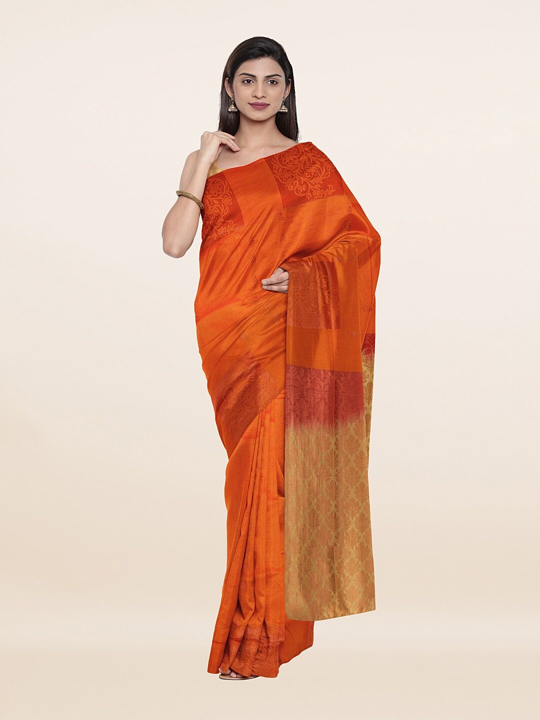 

Pothys Orange & Gold-Toned Ethnic Motifs Zari Art Silk Saree