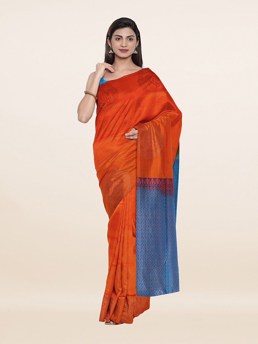 

Pothys Orange & Blue Ethnic Motifs Zari Art Silk Saree