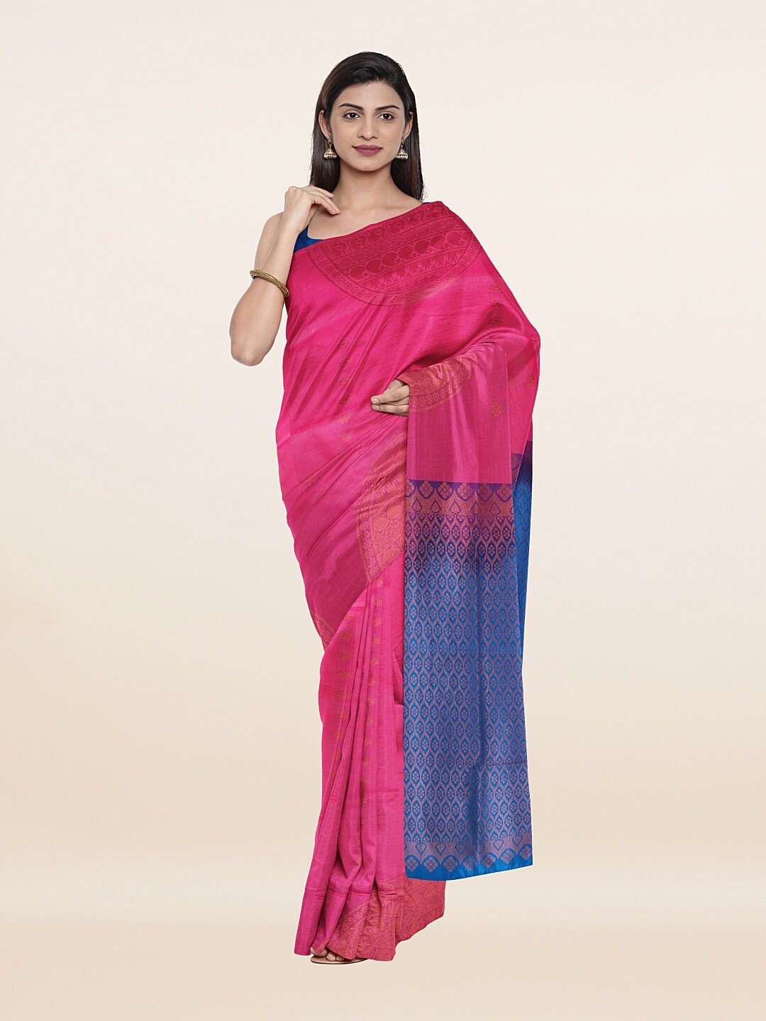 

Pothys Pink & Blue Ethnic Motifs Zari Art Silk Saree