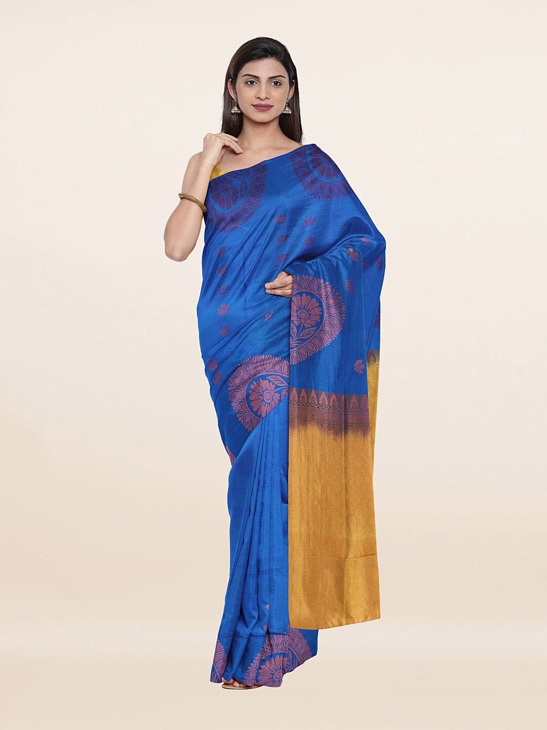 

Pothys Blue & Gold-Toned Ethnic Motifs Zari Art Silk Saree