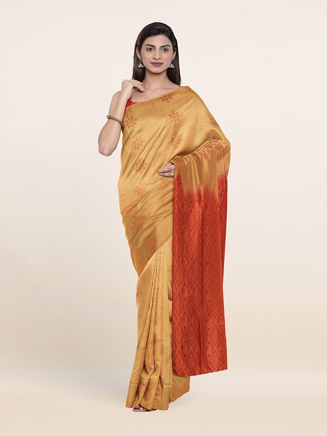 

Pothys Gold-Toned & Red Ethnic Motifs Zari Art Silk Saree