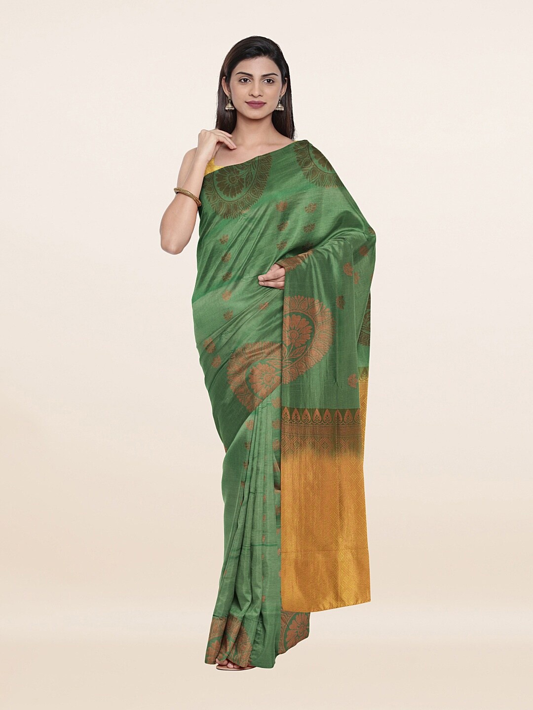 

Pothys Green & Gold-Toned Ethnic Motifs Zari Art Silk Saree