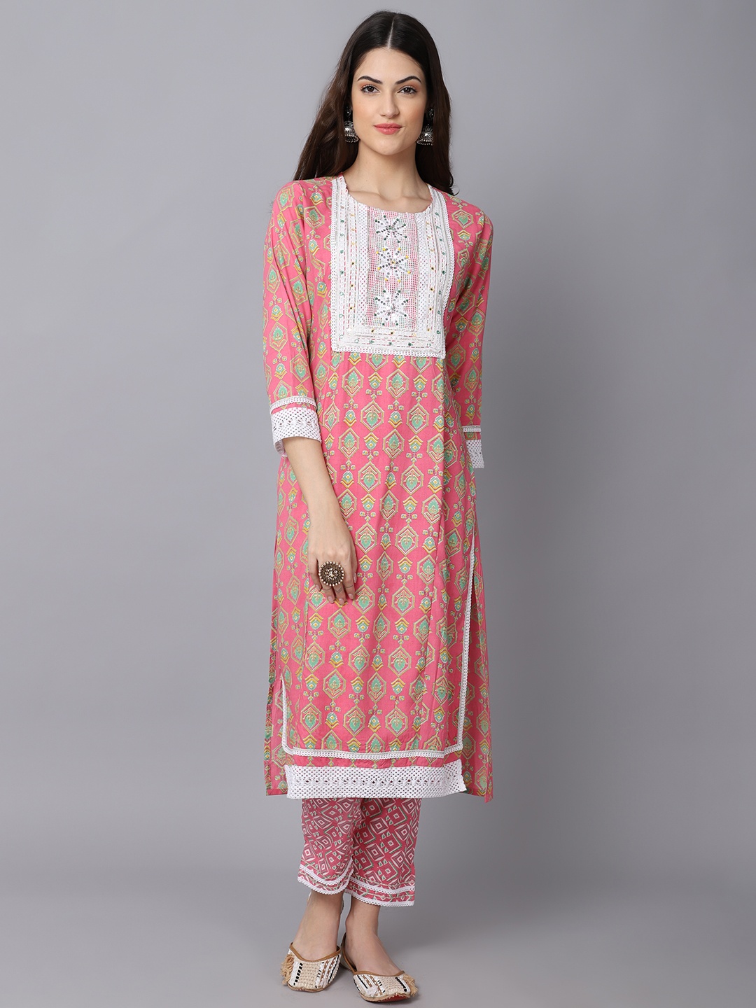 

ANAISA Women Pink Color Cotton Lace Work Straight Kurta & Trouser with Dupatta