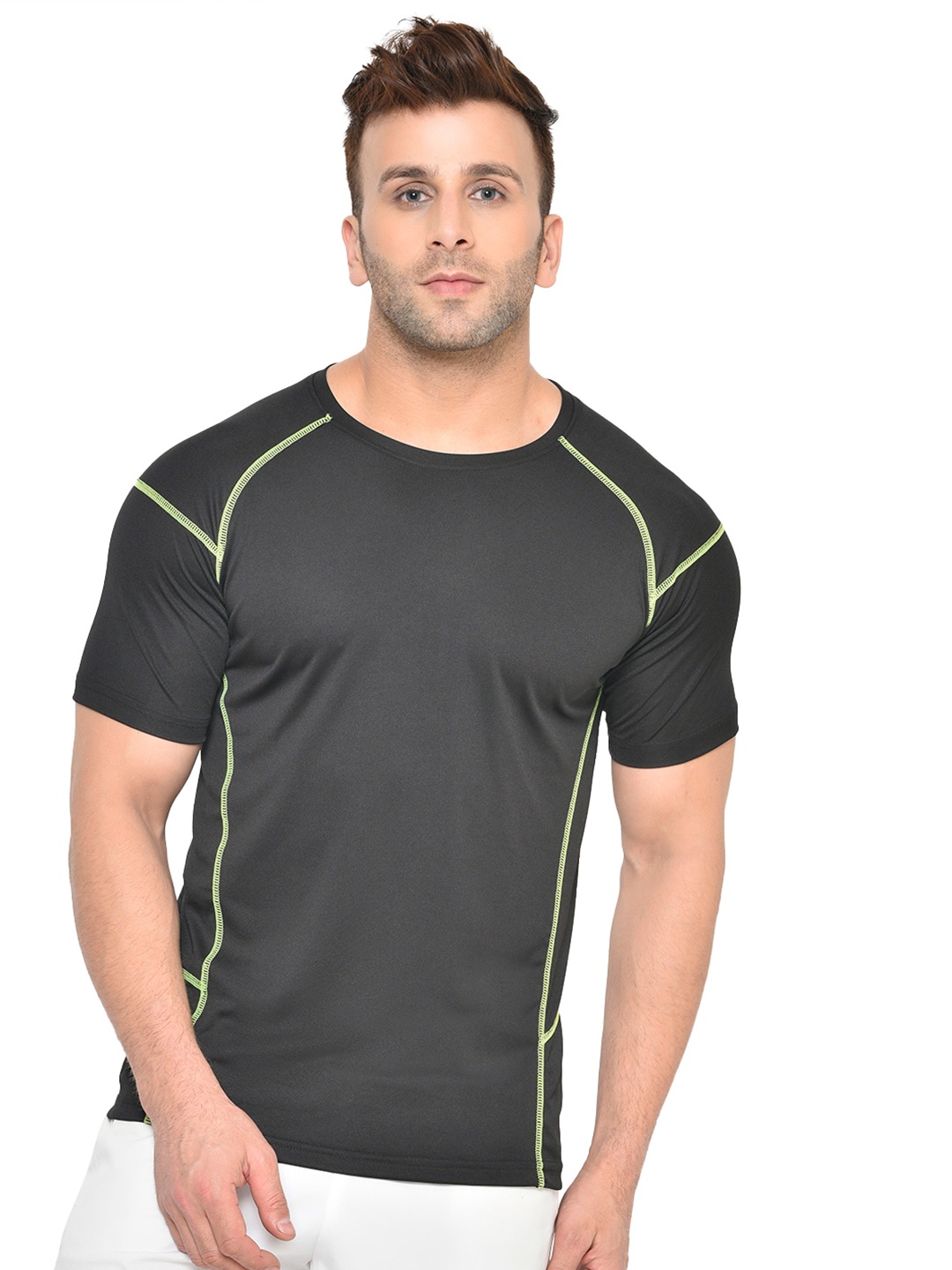 

Chkokko Men Black Raw Edge Dry Fit Sports T-shirt
