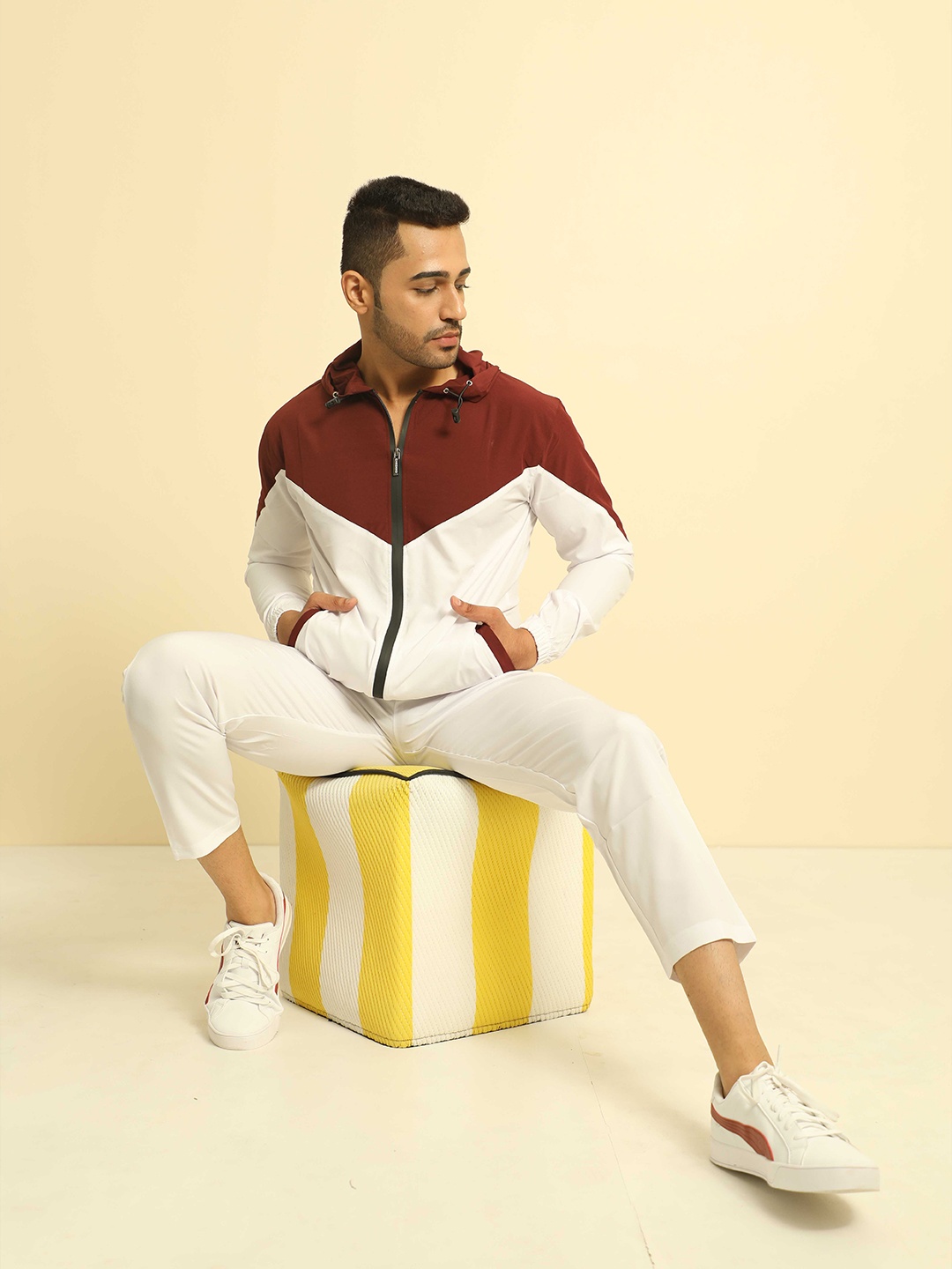 

CHKOKKO Men Red & White Colourblocked Windcheater Outdoor Sporty Hooded Jacket