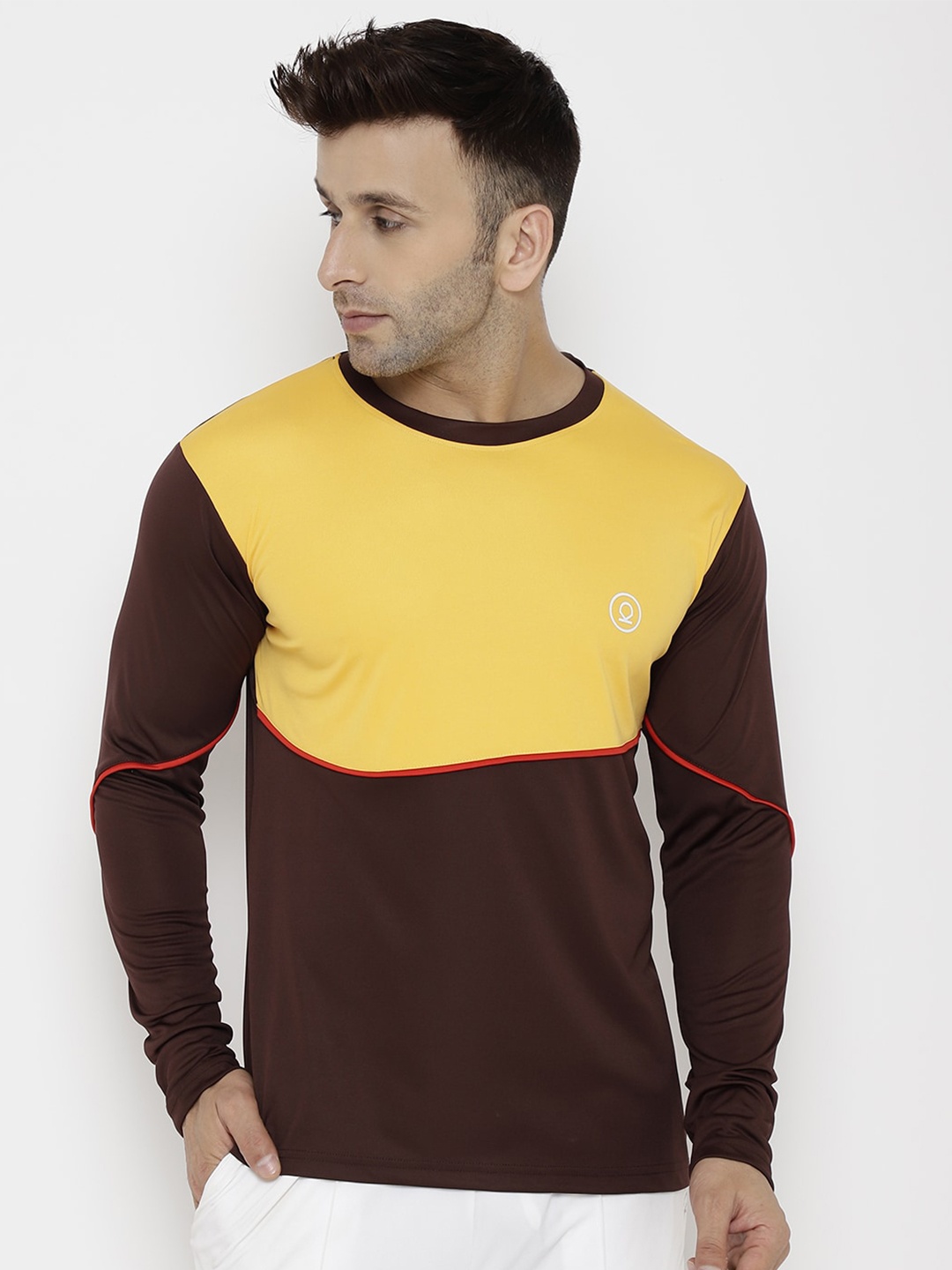 

CHKOKKO Men Mustard Yellow & Maroon Colourblocked Outdoor T-shirt