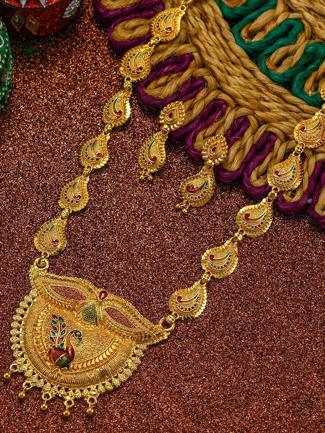

FEMMIBELLA Gold-Plated Red Stone-Studded & Beaded Handcrafted Jewellery Set