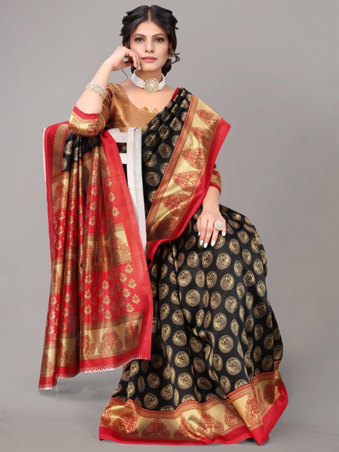 

Yashika Black & Red Ethnic Motifs Art Silk Khadi Saree