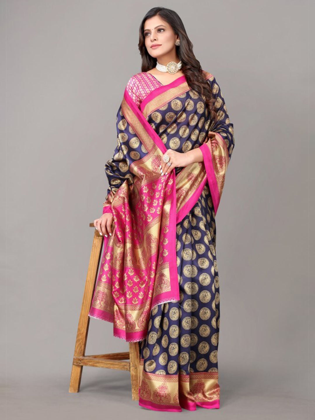 

Yashika Navy Blue & Pink Ethnic Motifs Art Silk Saree