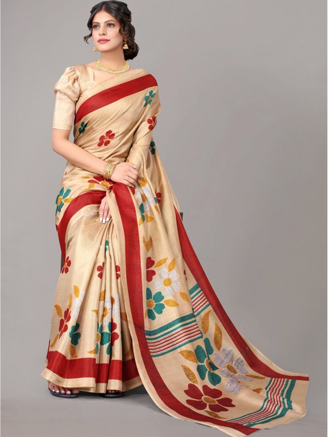 

Yashika Cream-Coloured & Red Ethnic Motifs Art Silk Khadi Saree