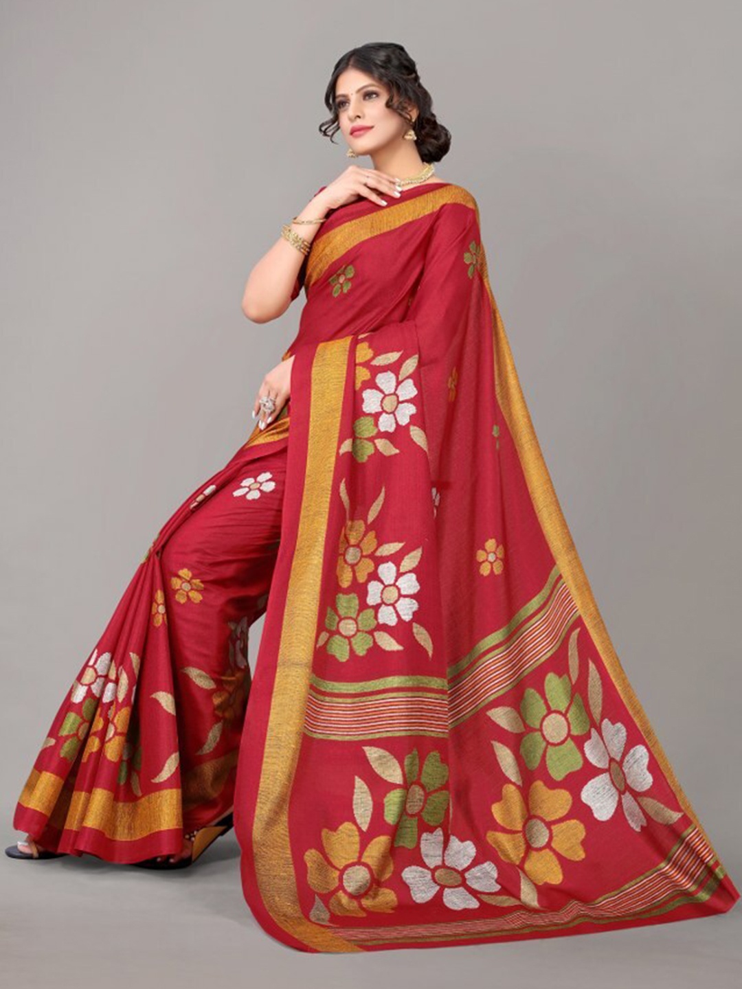 

Yashika Red & Yellow Floral Printed Art Silk Saree