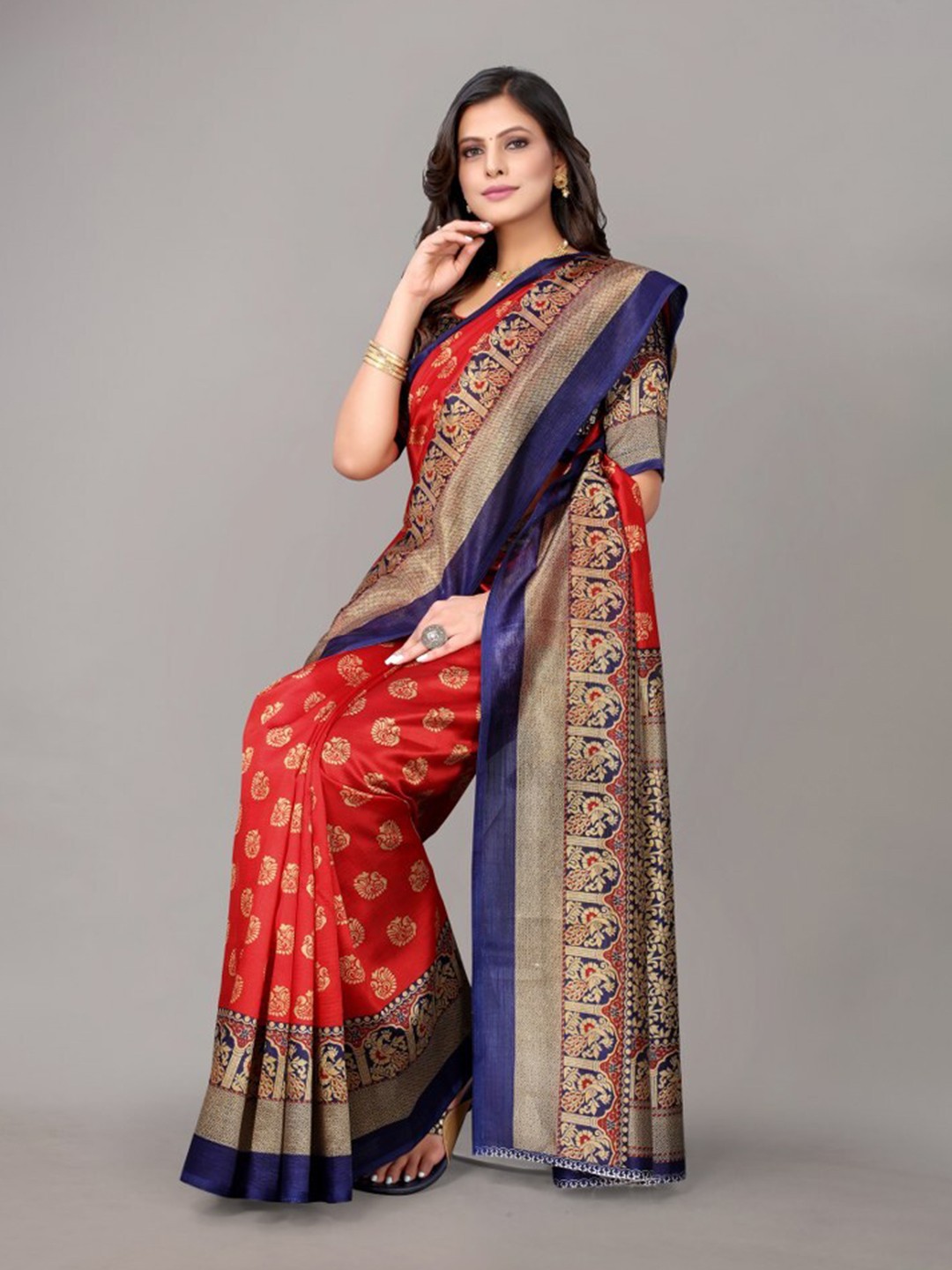 

Yashika Red & Navy Blue Ethnic Motifs Art Silk Khadi Saree