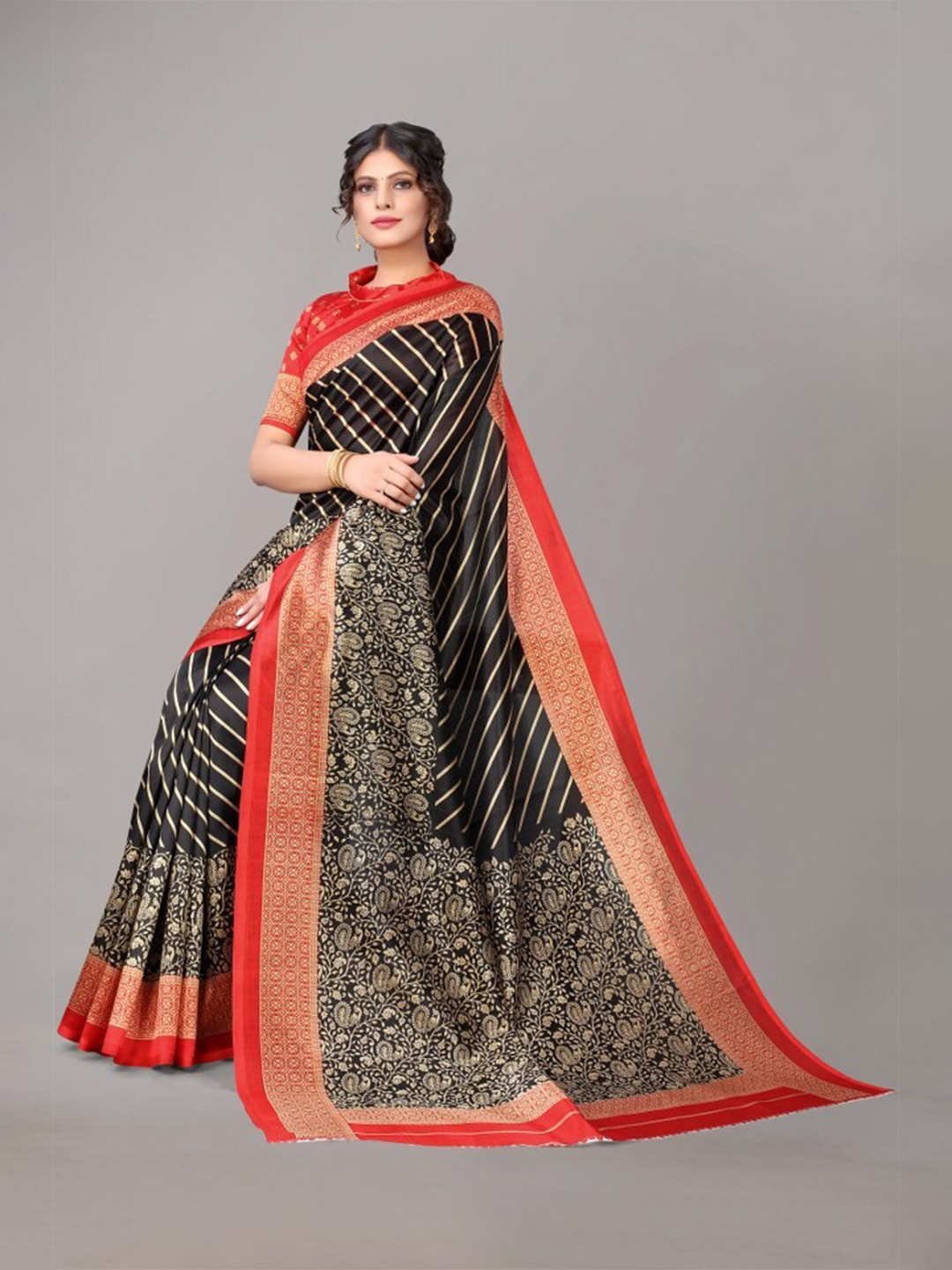 

Yashika Black & Red Striped Art Silk Khadi Saree