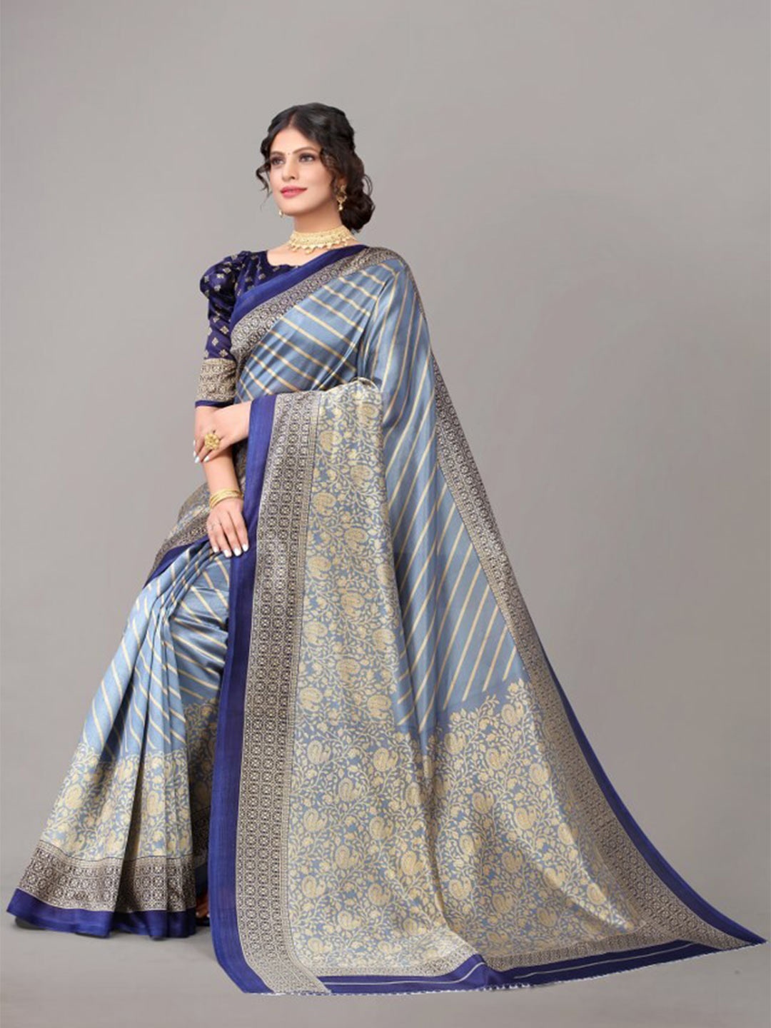 

Yashika Grey & Beige Striped Art Silk Saree