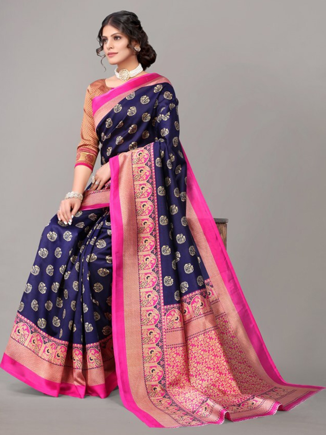 

Yashika Navy Blue & Pink Ethnic Motifs Art Silk Khadi Saree