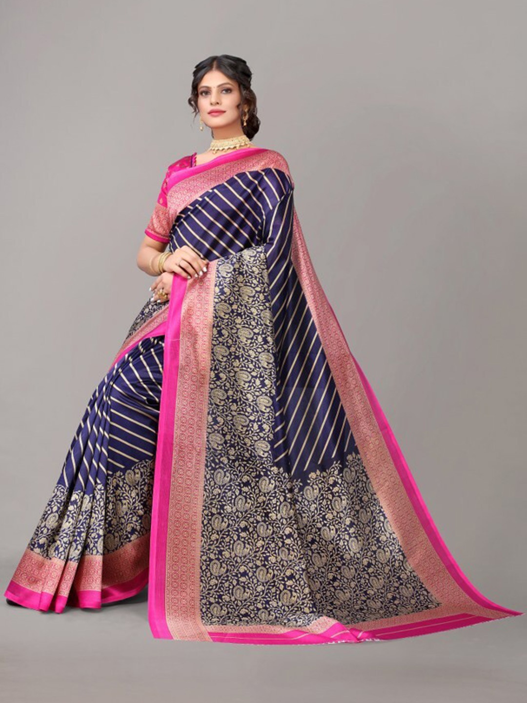 

Yashika Navy Blue & Pink Striped Art Silk Khadi Saree