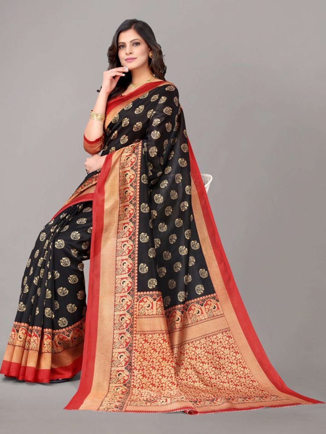 

Yashika Black & Red Ethnic Motifs Art Silk Khadi Saree