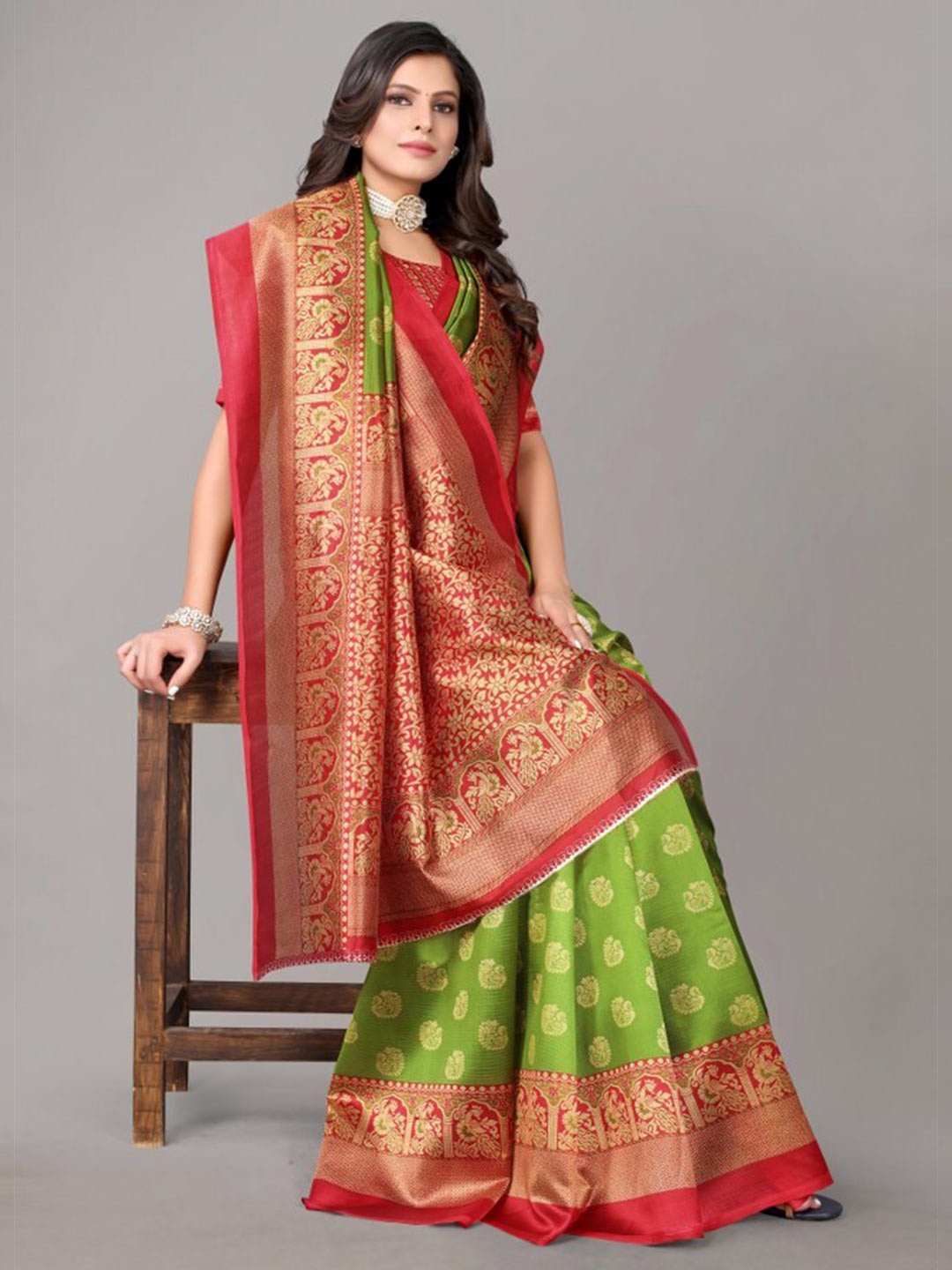 

Yashika Green & Red Woven Design Art Silk Khadi Saree