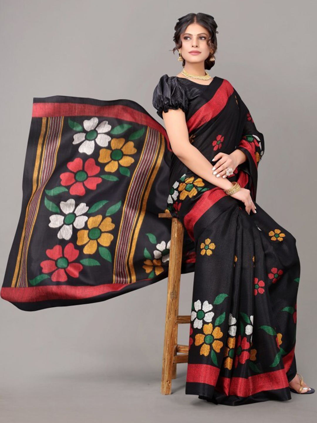 

Yashika Black & Red Floral Printed Art Silk Saree