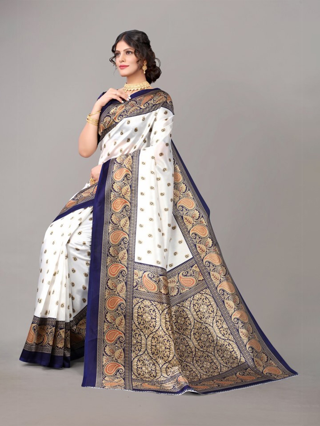 

Yashika Navy Blue & White Paisley Art Silk Khadi Saree