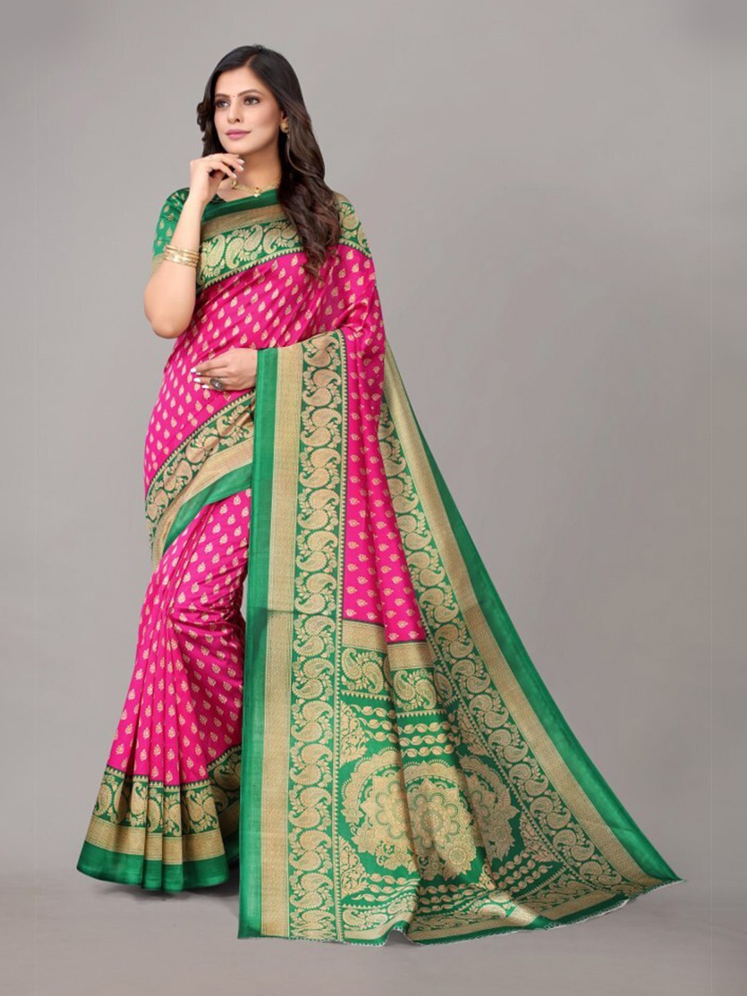 

Yashika Pink & Green Ethnic Motifs Art Silk Saree