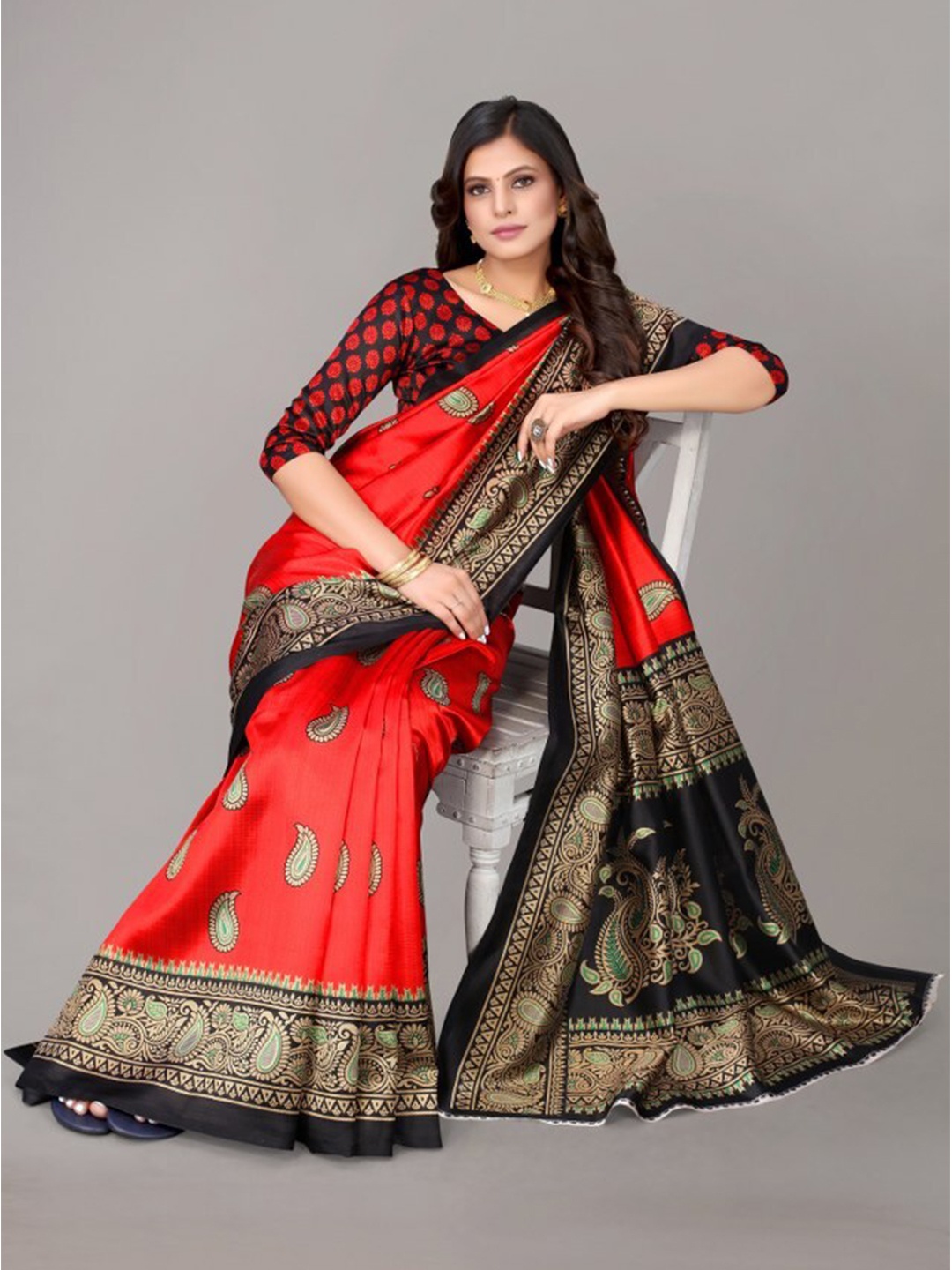 

Yashika Red & Black Paisley Art Silk Khadi Saree