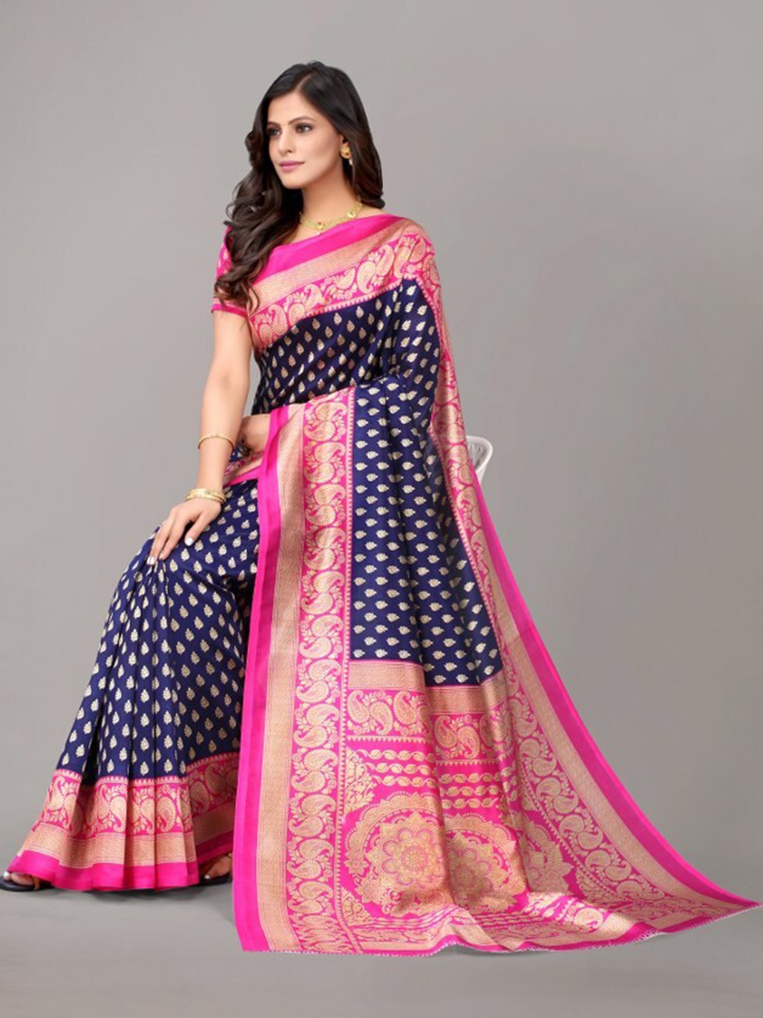 

Yashika Navy Blue & Pink Ethnic Motifs Art Silk Saree