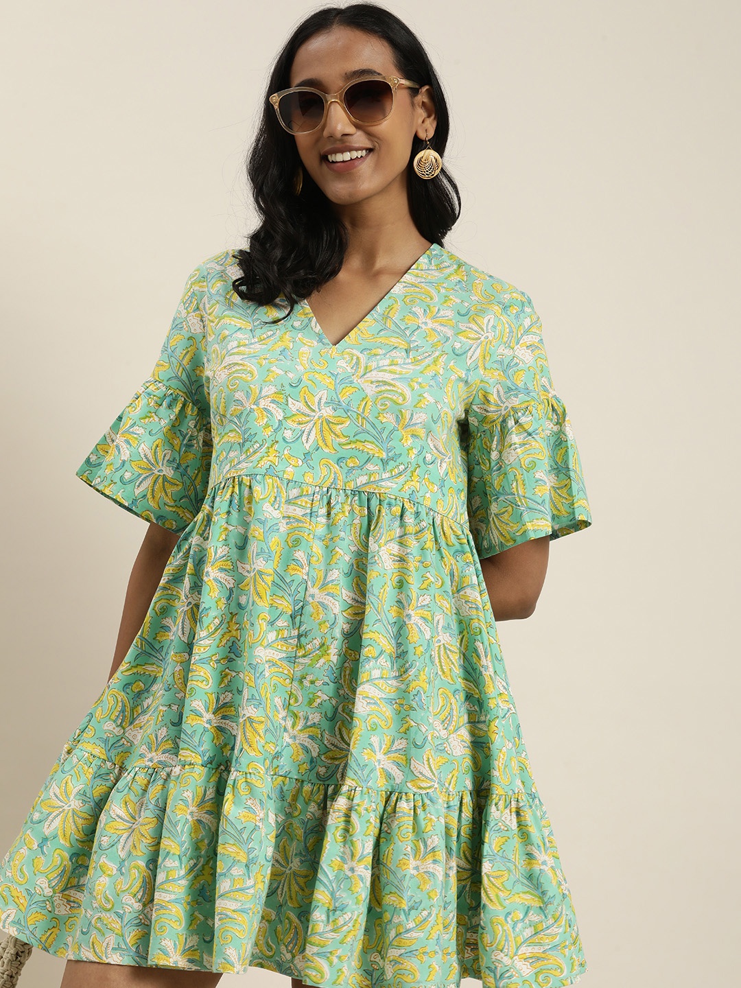 

Taavi Green Tropical Handblock Printed Pure Cotton A-Line Mini Dress