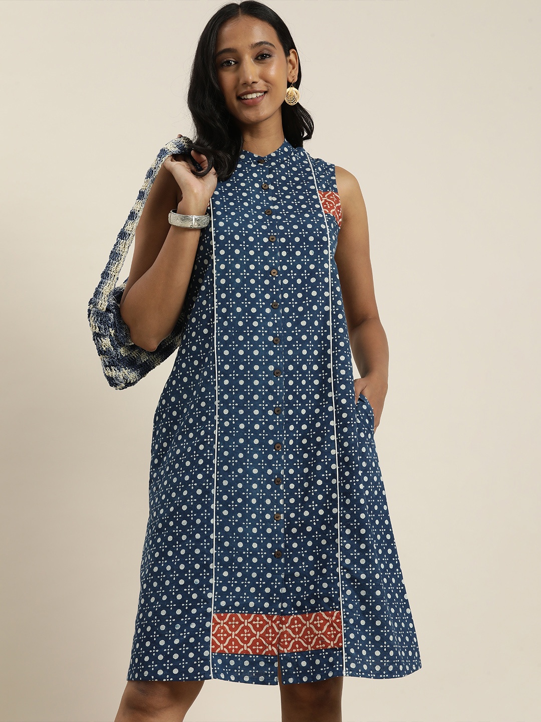 

Taavi Navy Blue Ethnic Motifs Indigo Pure Cotton A-Line Dress