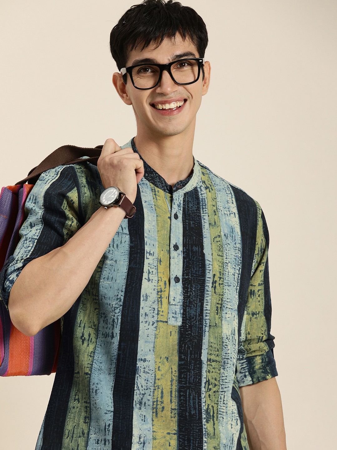 

Taavi Men Blue & Yellow Ajrakh Hand Block Print Pure Cotton Shirt Style Kurta