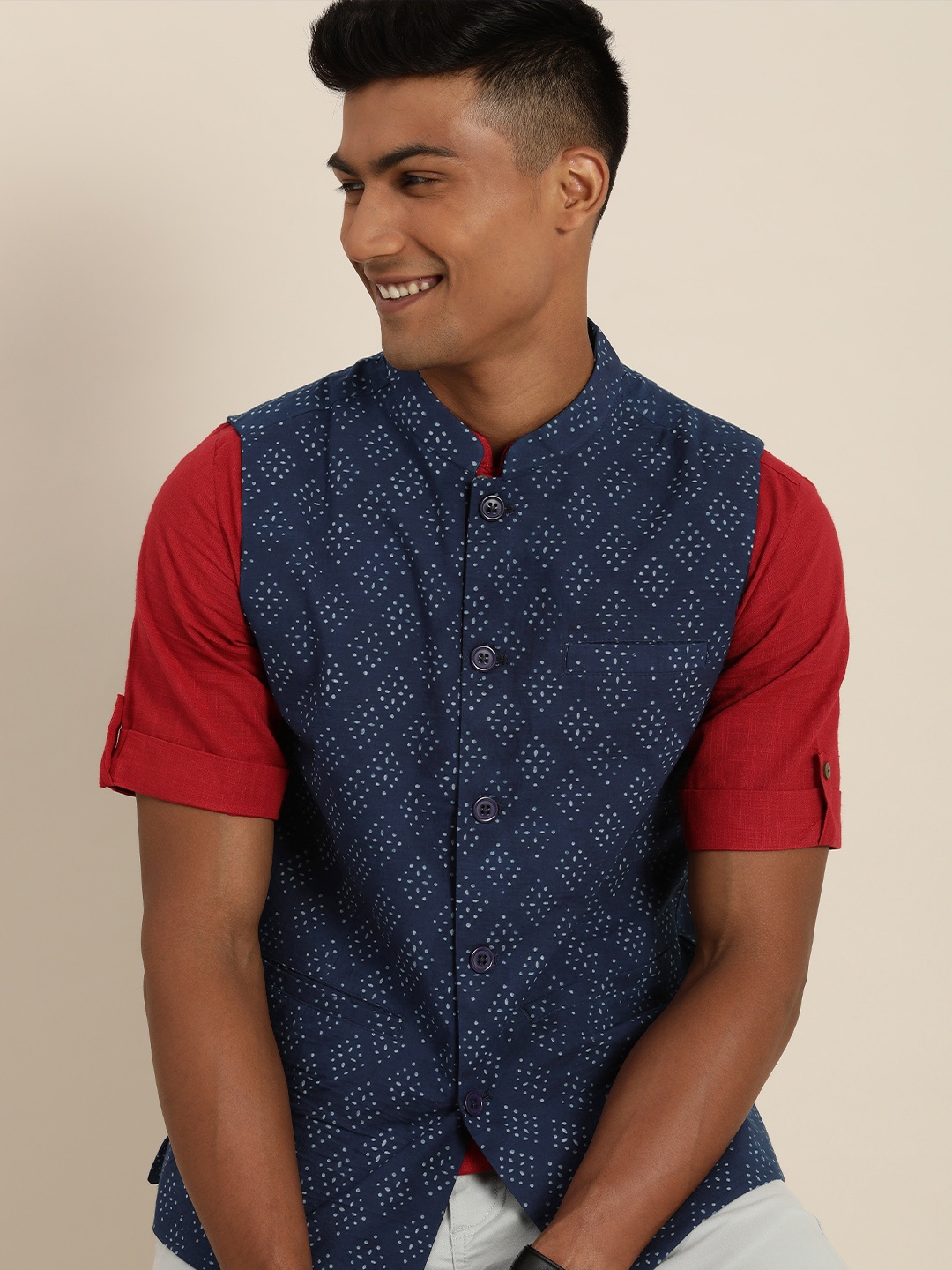 

Taavi Men Blue & Off White Indigo Hand Block Printed Nehru Jackets with Mandarin Collar, Navy blue