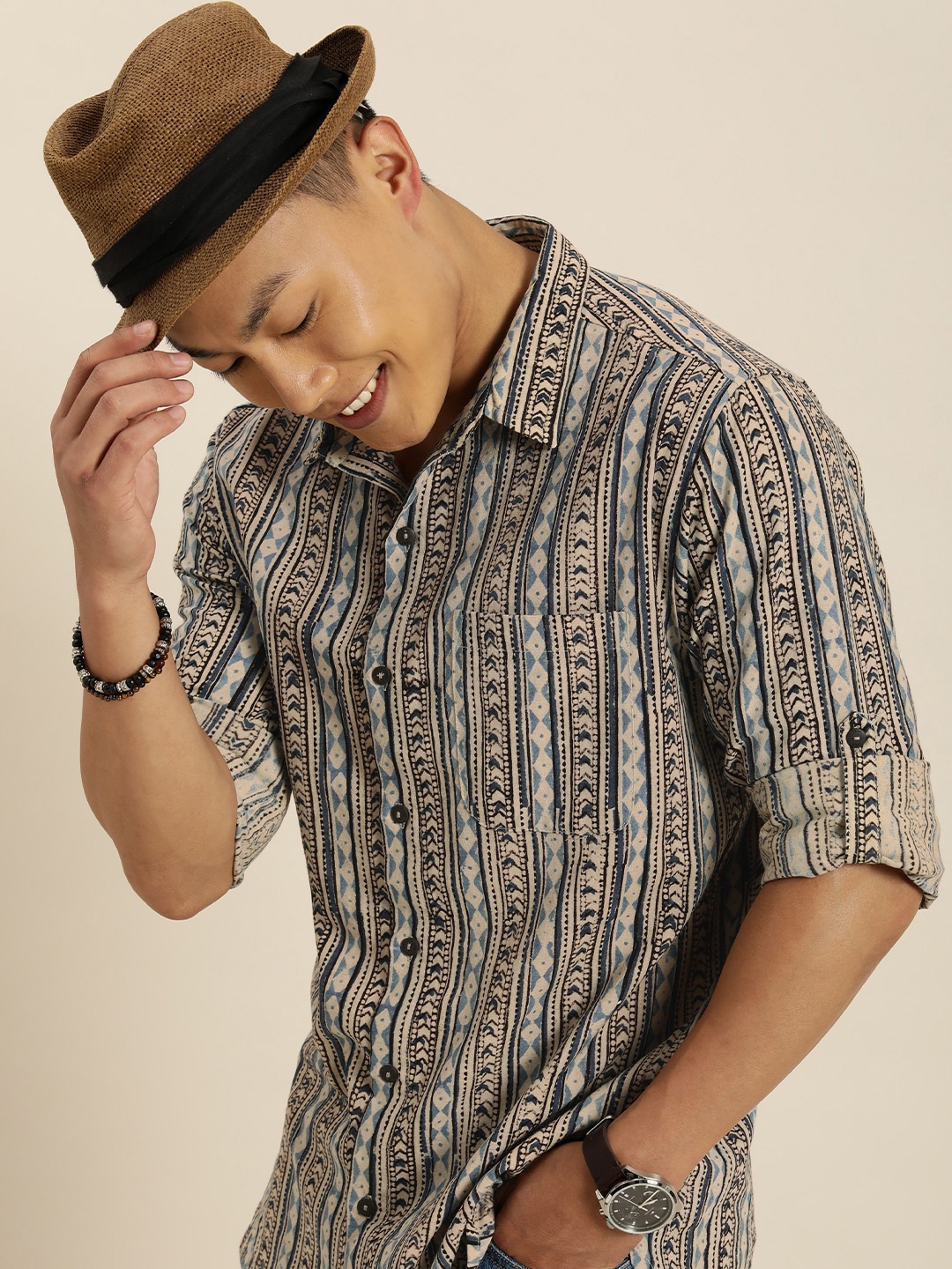 

Taavi Men Beige And Blue Kalamkari Block Printed Pure Cotton Casual Shirt