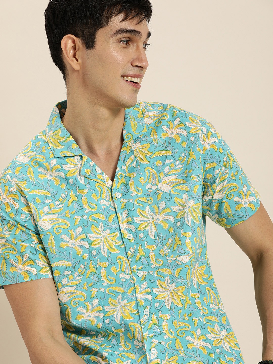 

Taavi Men Sea Green And Yellow Block Print Legacy Pure Cotton Casual Shirt