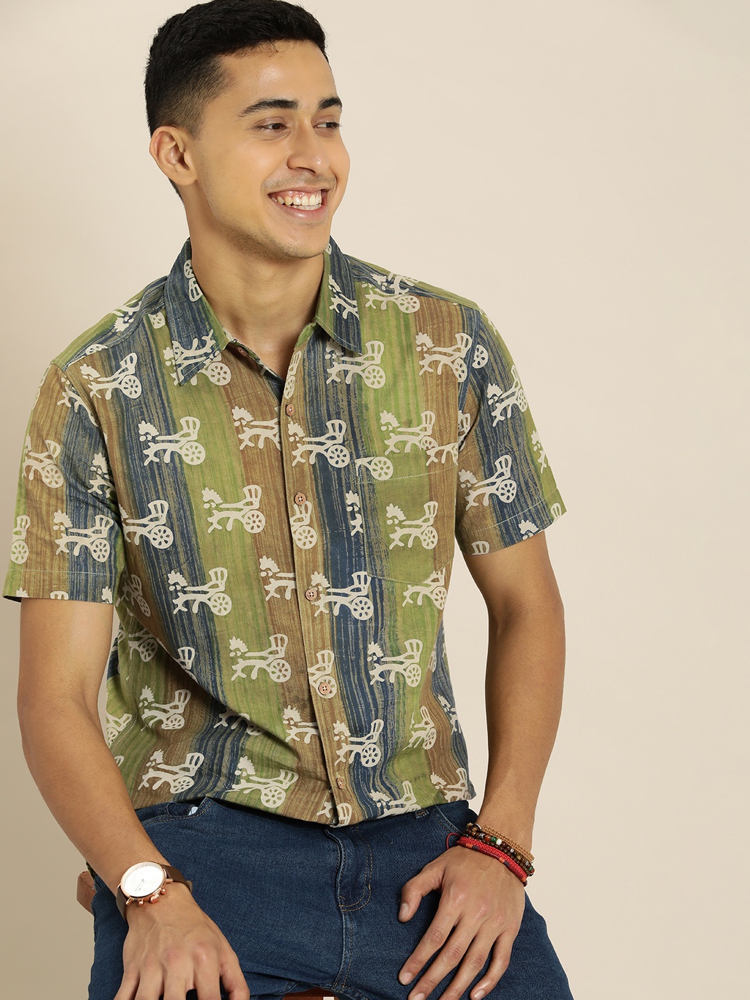 

Taavi Men Bagru Print Pure Cotton Sustainable Casual Shirt with Chest Pocket, Olive