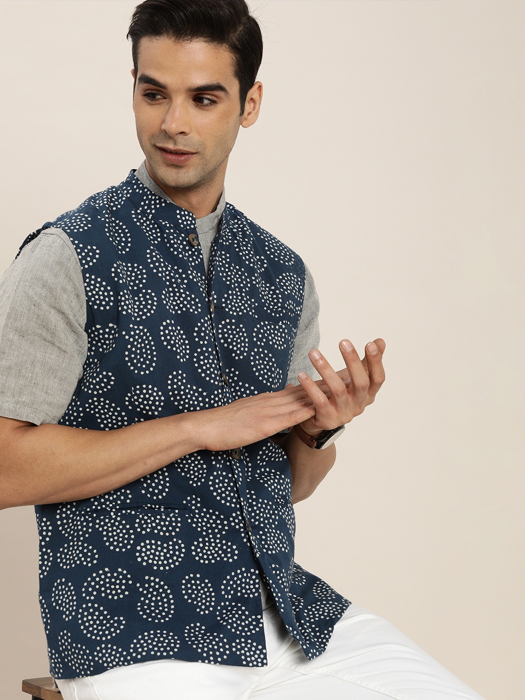 

Taavi Men Blue Ethnic Motifs Printed Indigo Pure Cotton Nehru Jacket