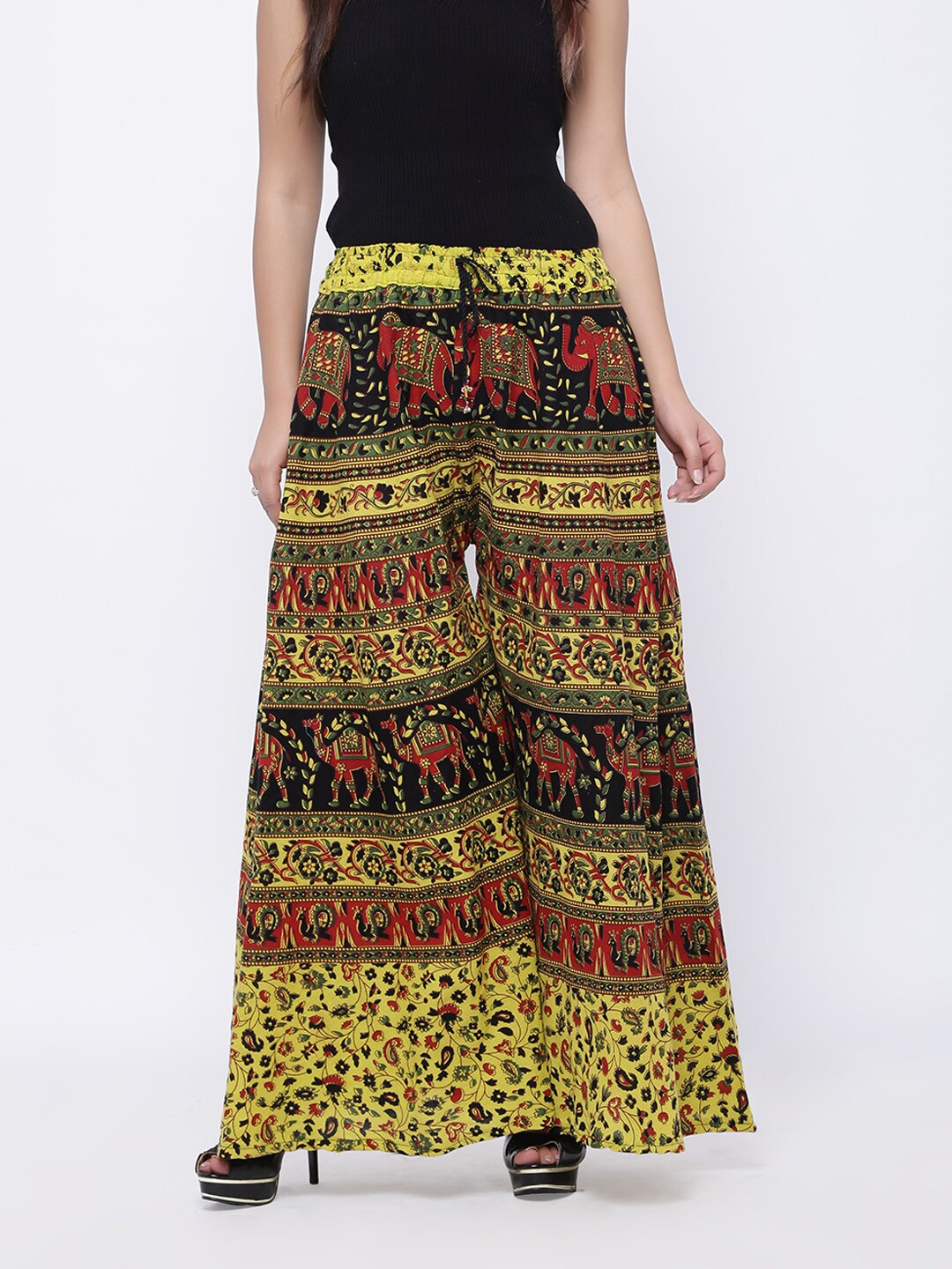 

SOUNDARYA Women Lime Green & Maroon Ethnic Motifs Printed Cotton Palazzos
