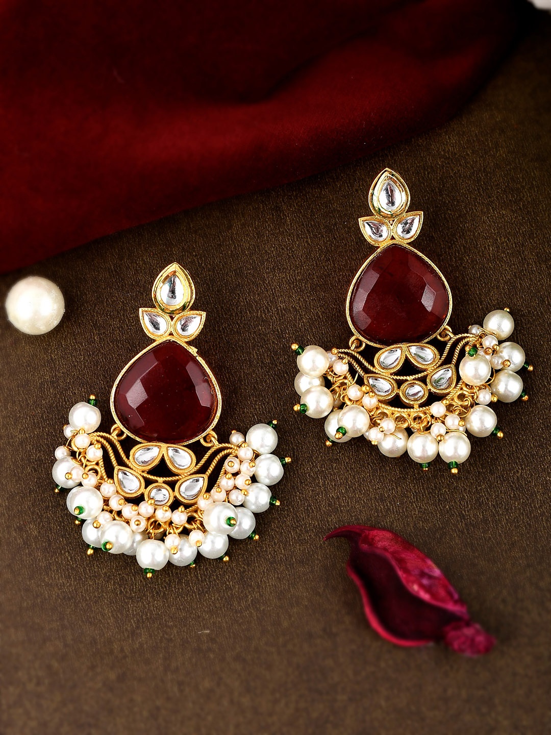 

Silvermerc Designs Maroon & Gold-Toned & Plated Stone-Studded Contemporary Drop Earrings