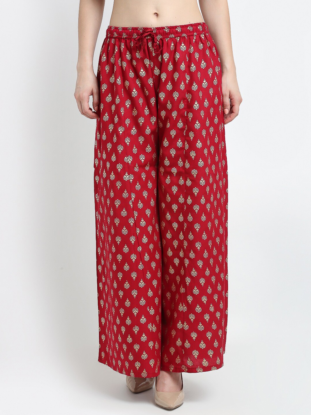 

Jinfo Women Maroon & White Printed Flared Knitted Ethnic Palazzos