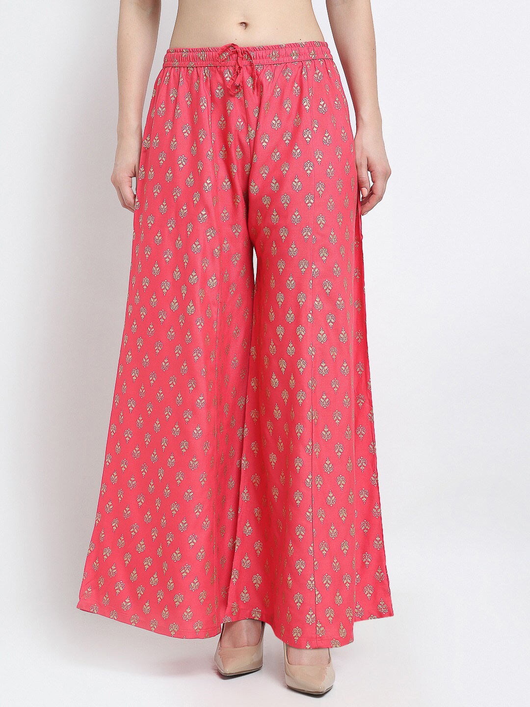 

Jinfo Women Coral Red & Golden Ethnic Motifs Printed Palazzos